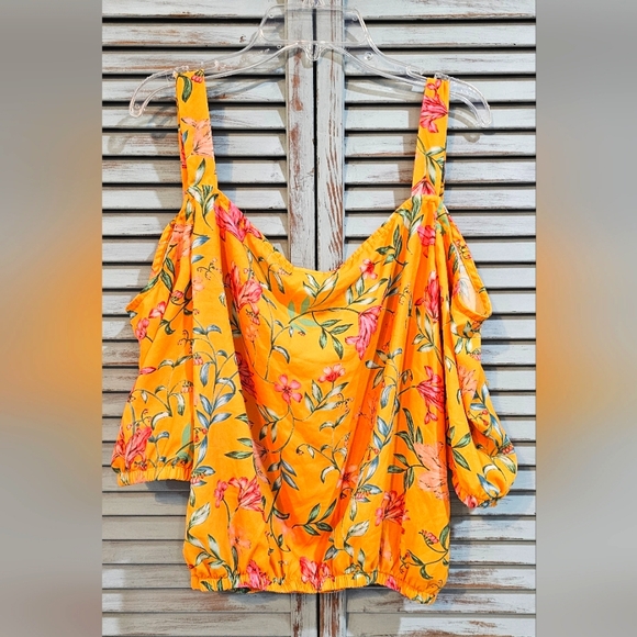 SELF ESTEEM FLORAL CROP TOP Size XL Yellow/Multicolor Off the Shoulder Halter - Picture 5 of 5